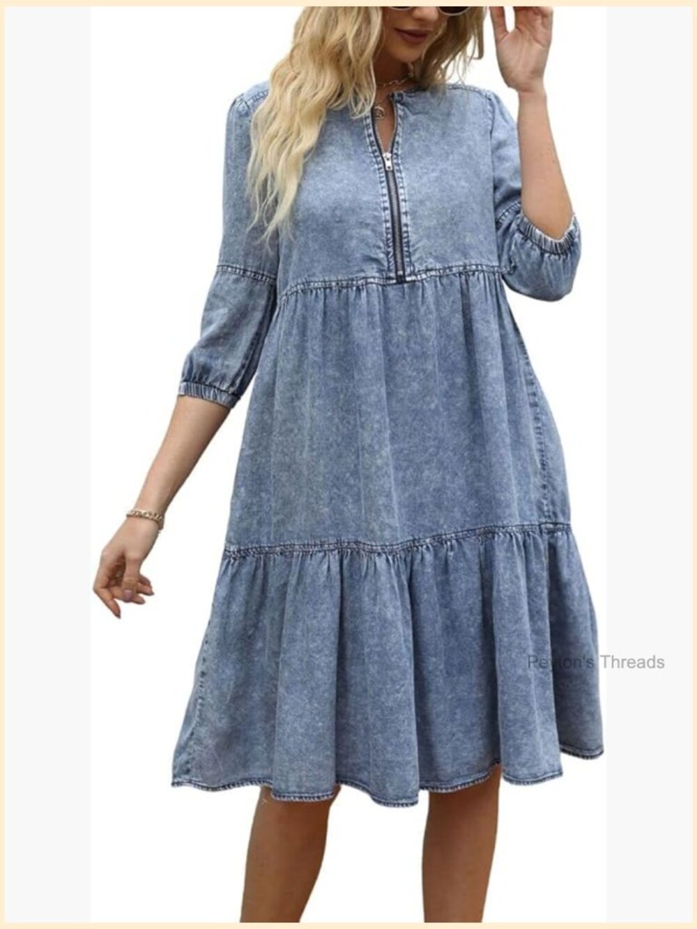 Vintage Washed Loose Fit 3/4 Sleeve Tiered Babydoll Mini Denim Dress